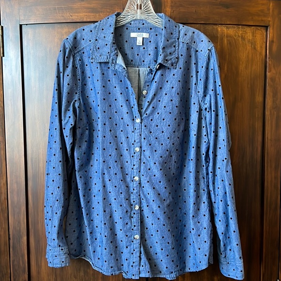 croft & barrow Tops Blue Denim Button Down Shirt With Dark Polka Dots Poshmark
